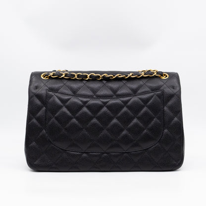 Classic Double Flap Jumbo Black Caviarskin Leather Gold