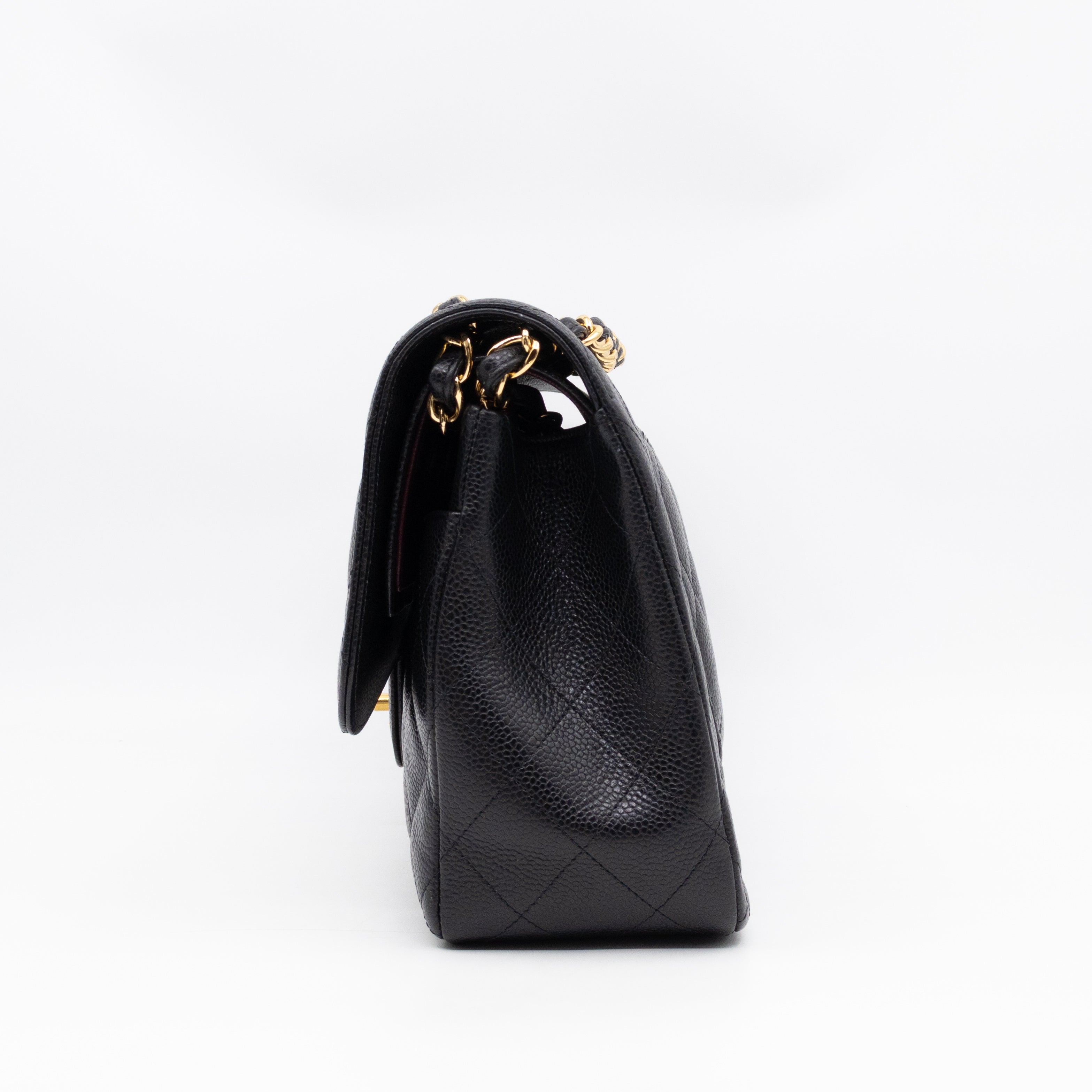 Classic Double Flap Jumbo Black Caviarskin Leather Gold