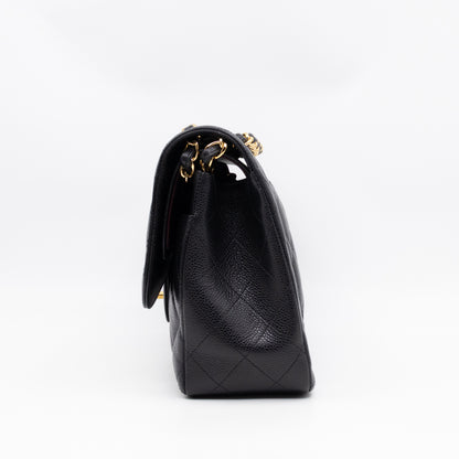 Classic Double Flap Jumbo Black Caviarskin Leather Gold