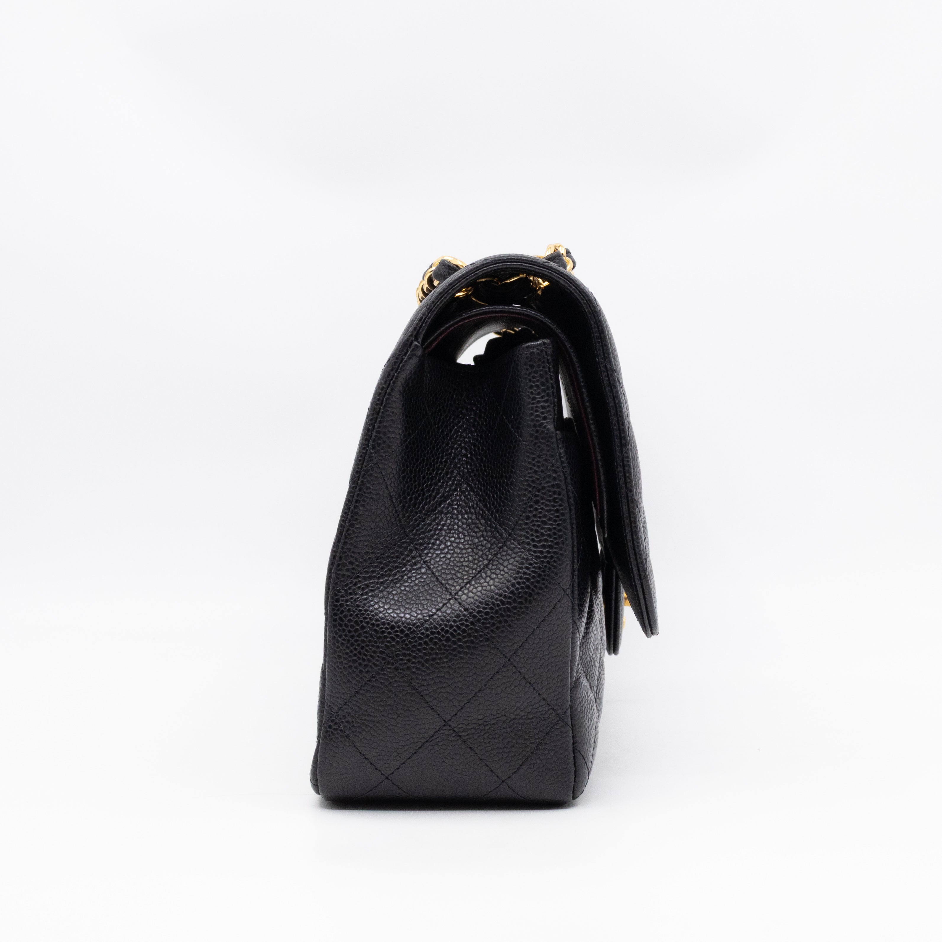 Classic Double Flap Jumbo Black Caviarskin Leather Gold