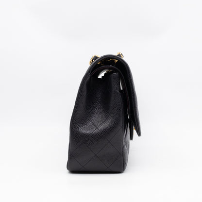 Classic Double Flap Jumbo Black Caviarskin Leather Gold