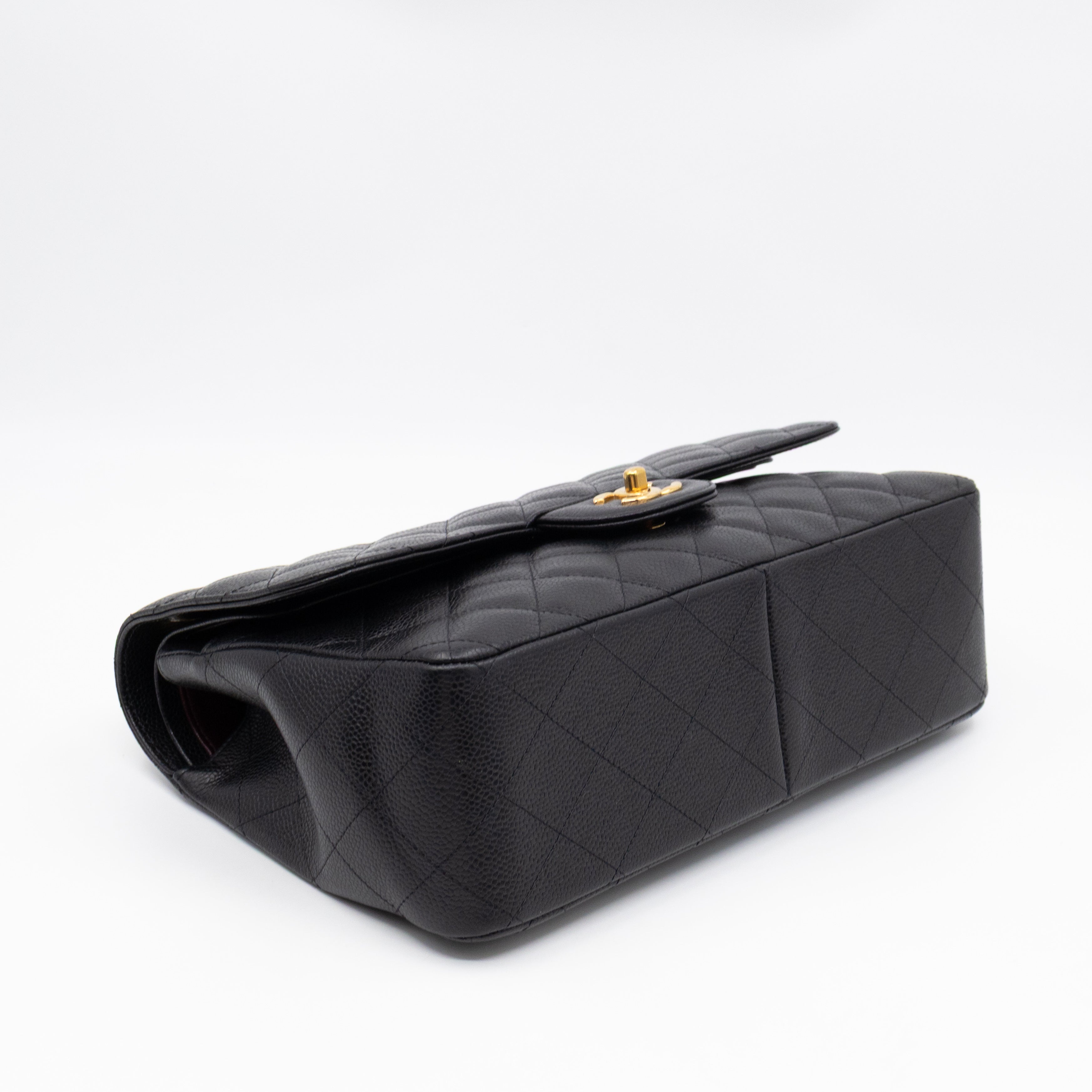 Classic Double Flap Jumbo Black Caviarskin Leather Gold