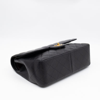 Classic Double Flap Jumbo Black Caviarskin Leather Gold