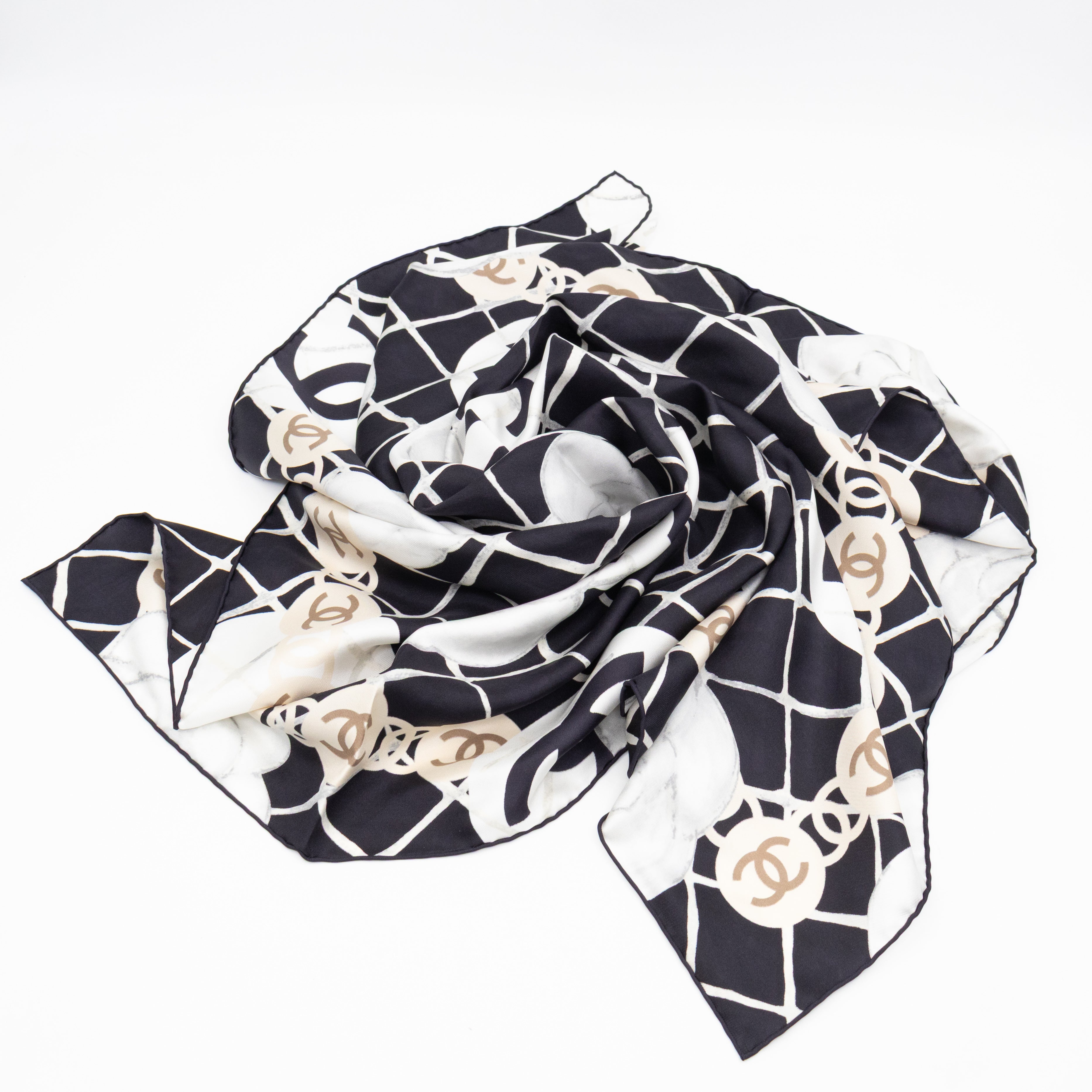 Camellia Silk Square Scarf Black & White 90 cm