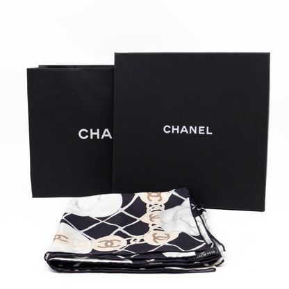 Camellia Silk Square Scarf Black & White 90 cm
