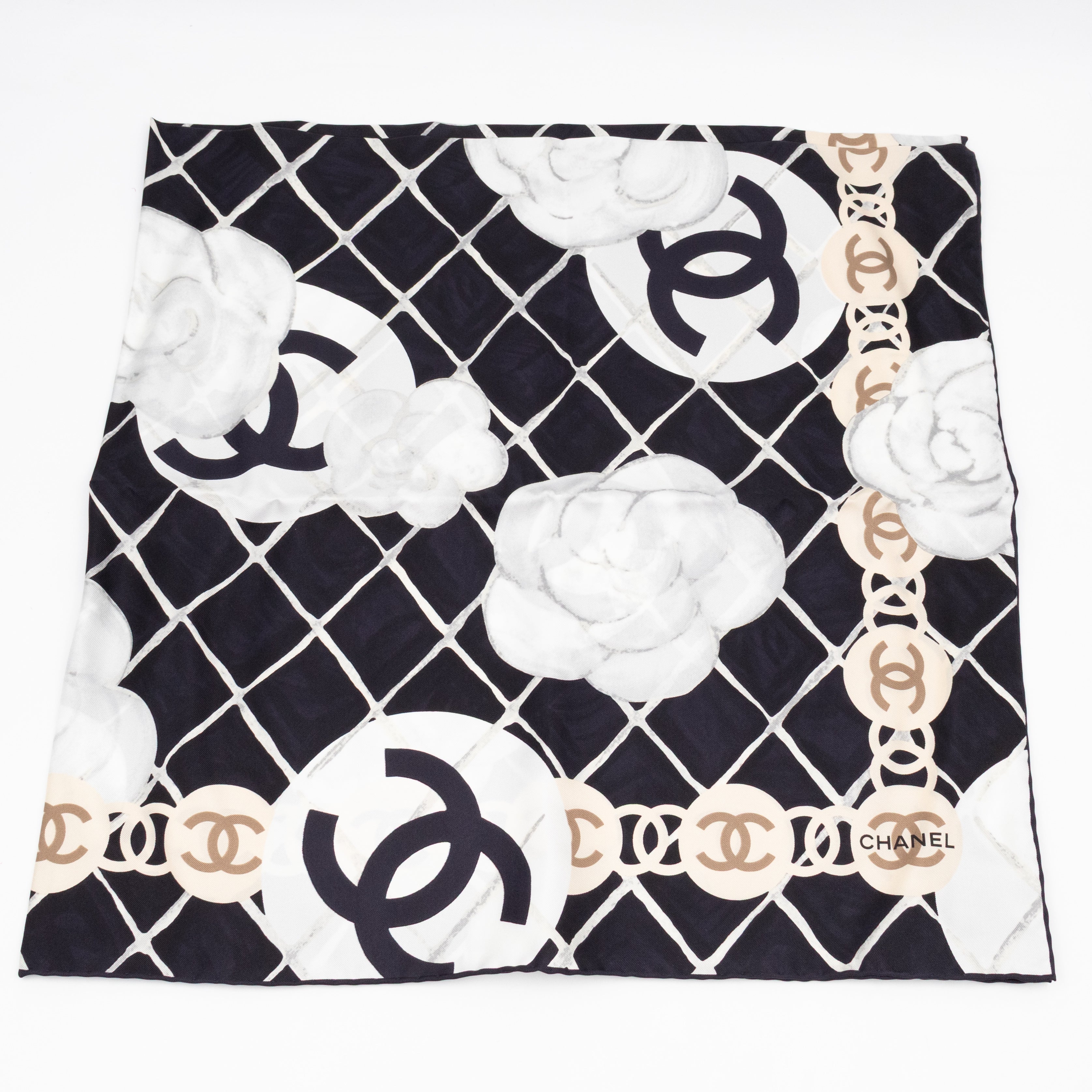 Camellia Silk Square Scarf Black & White 90 cm