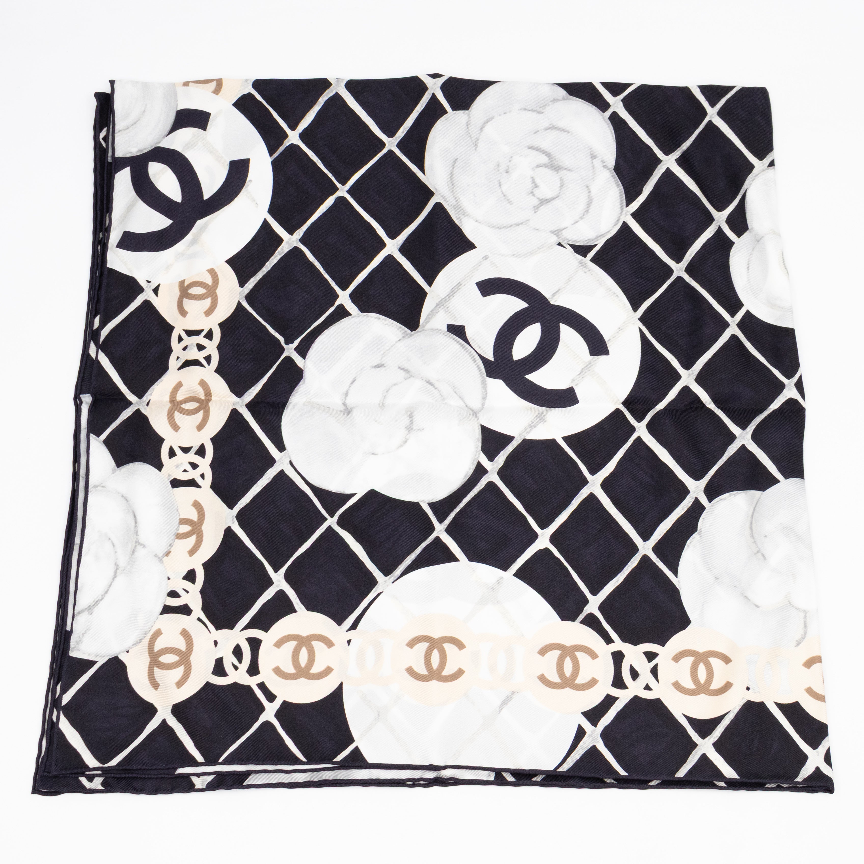 Camellia Silk Square Scarf Black & White 90 cm