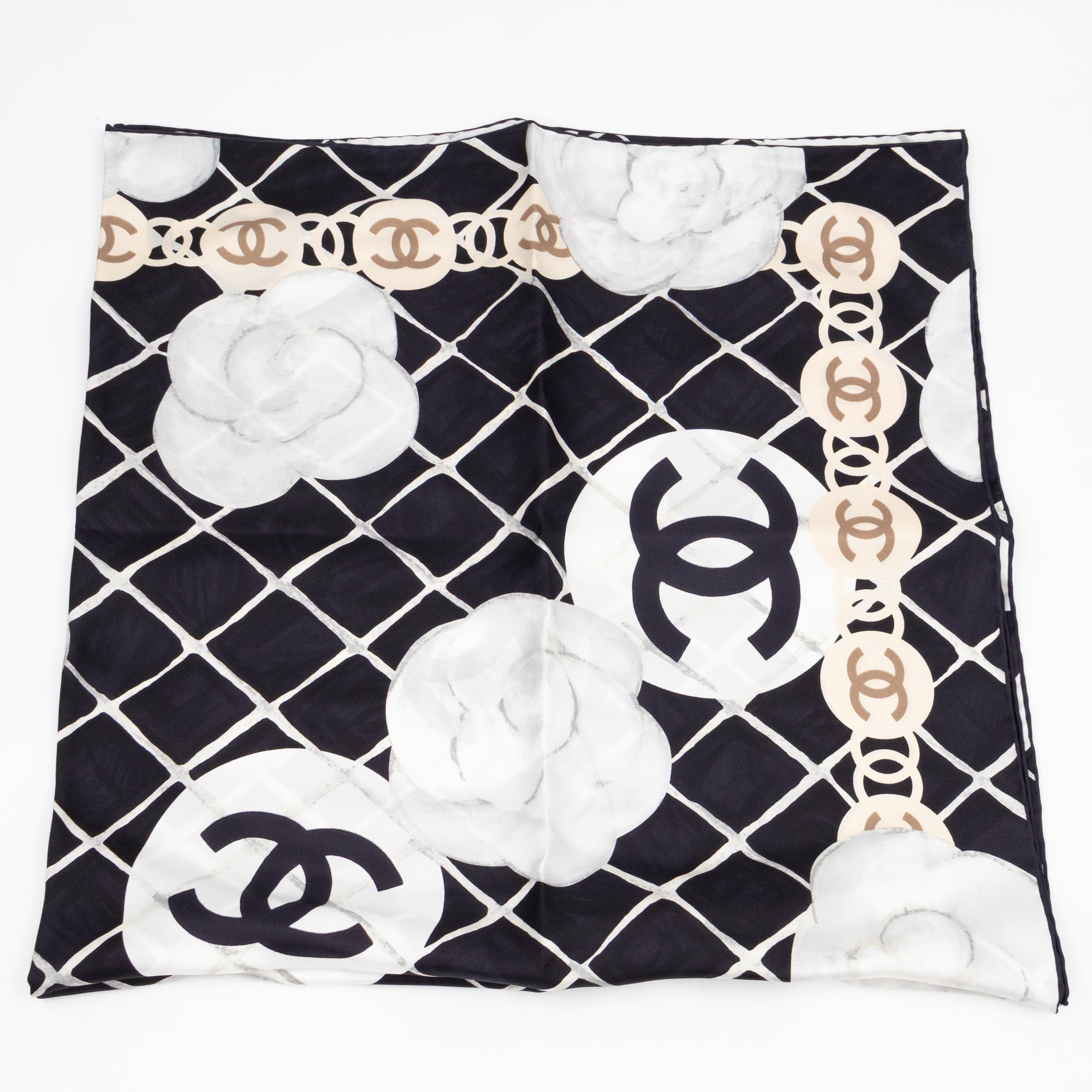 Camellia Silk Square Scarf Black & White 90 cm