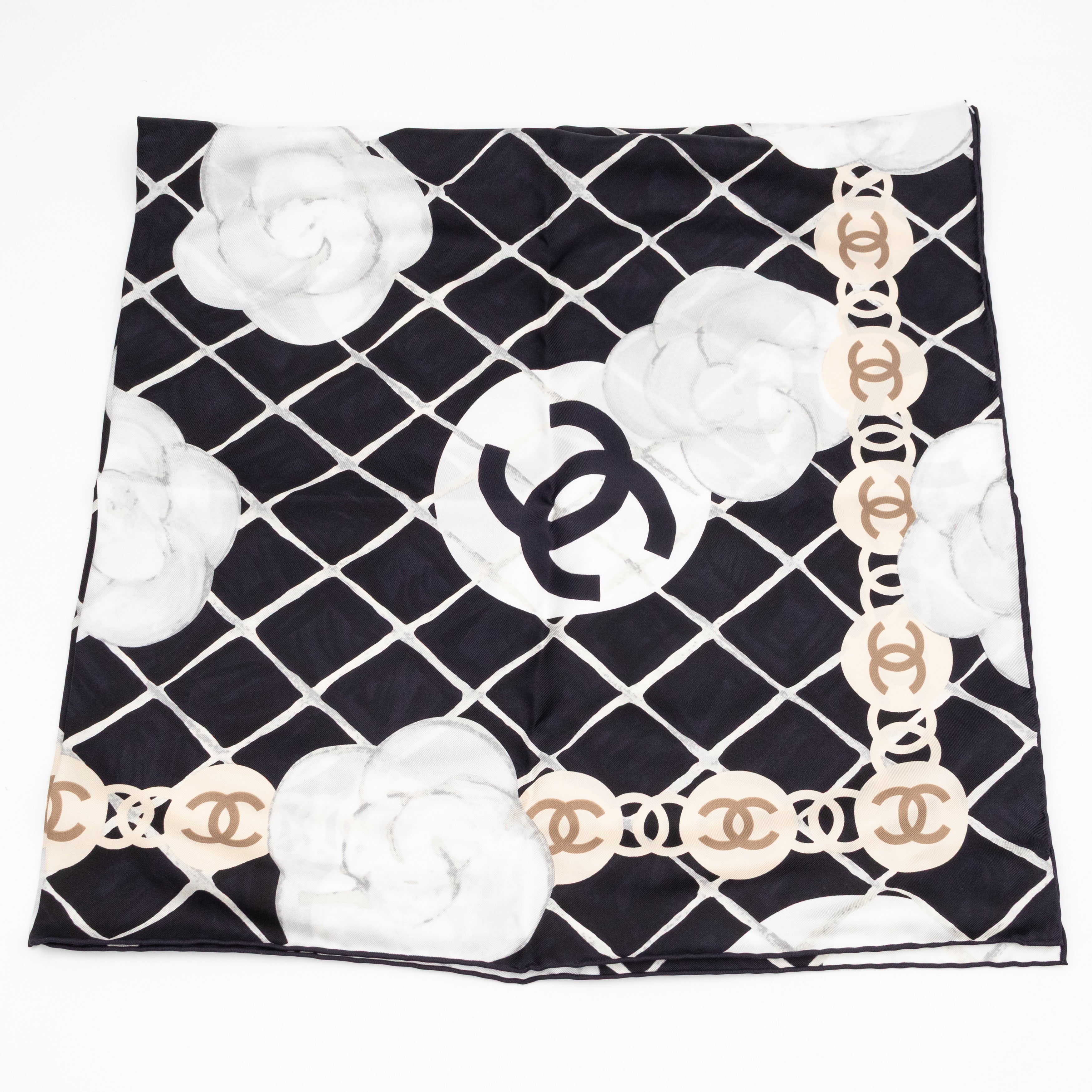Camellia Silk Square Scarf Black & White 90 cm
