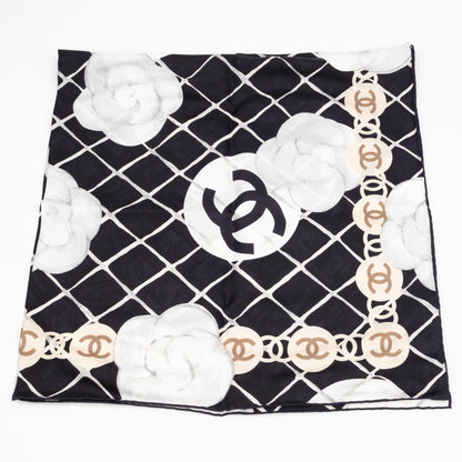 Camellia Silk Square Scarf Black & White 90 cm