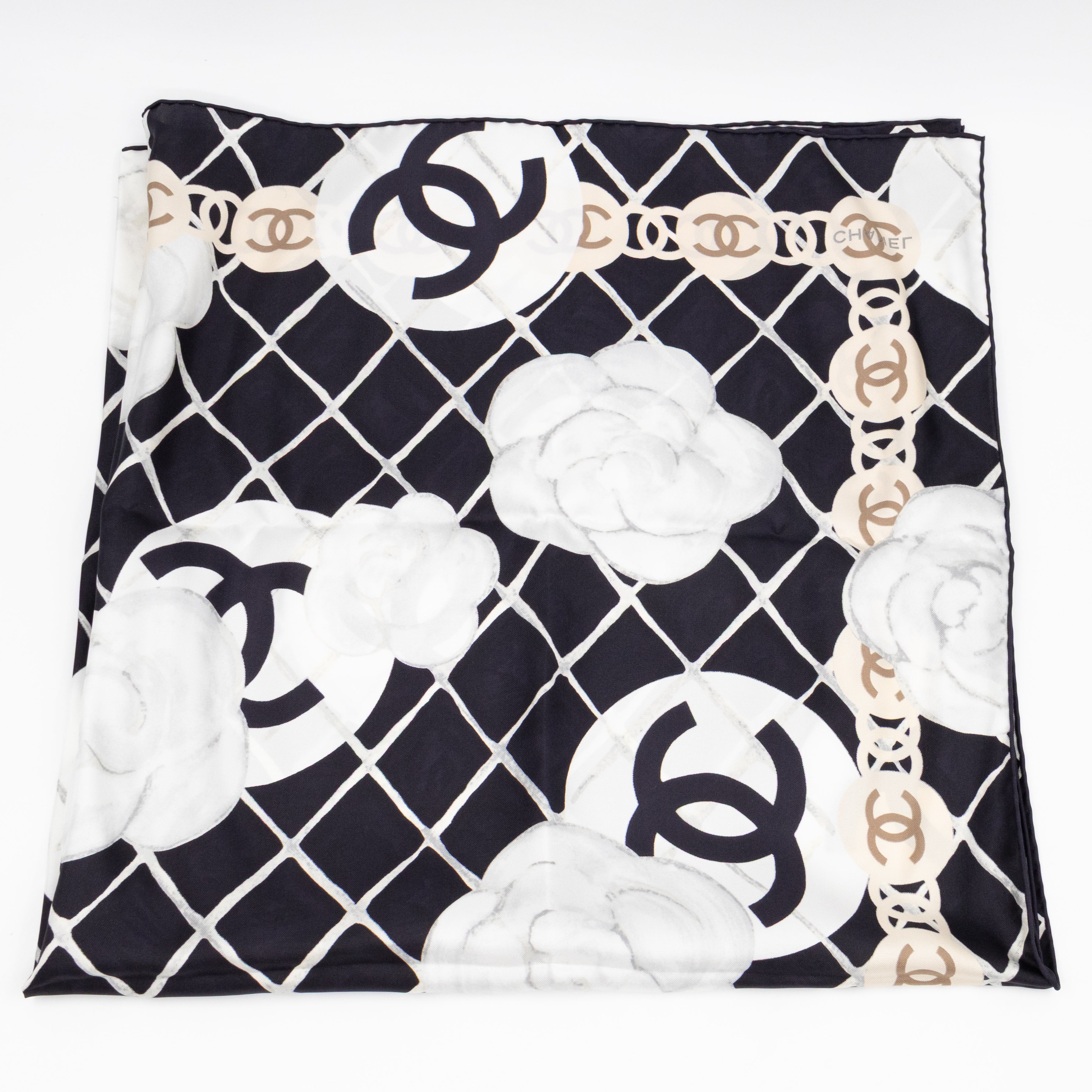 Camellia Silk Square Scarf Black & White 90 cm