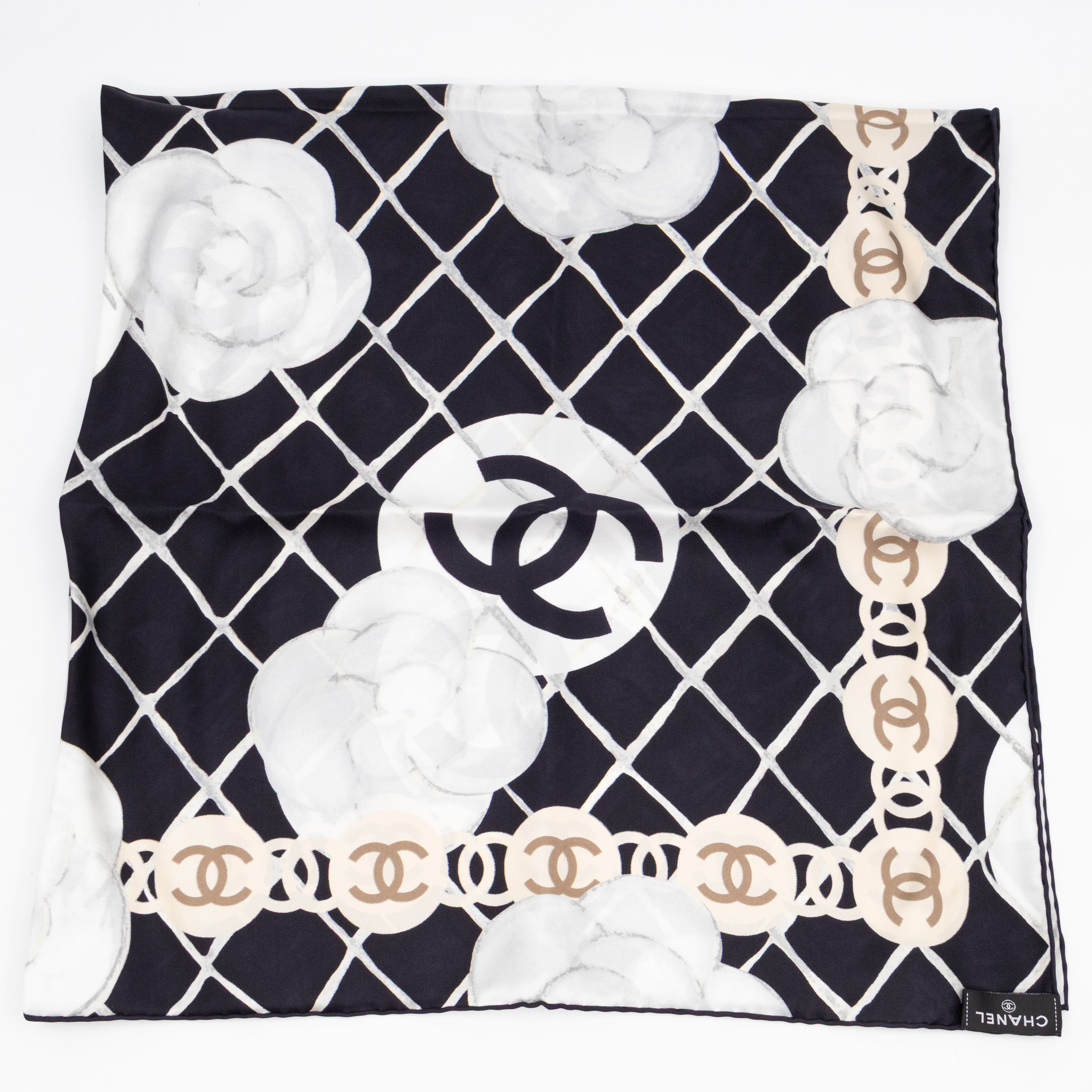 Camellia Silk Square Scarf Black & White 90 cm