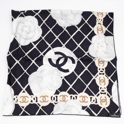 Camellia Silk Square Scarf Black & White 90 cm