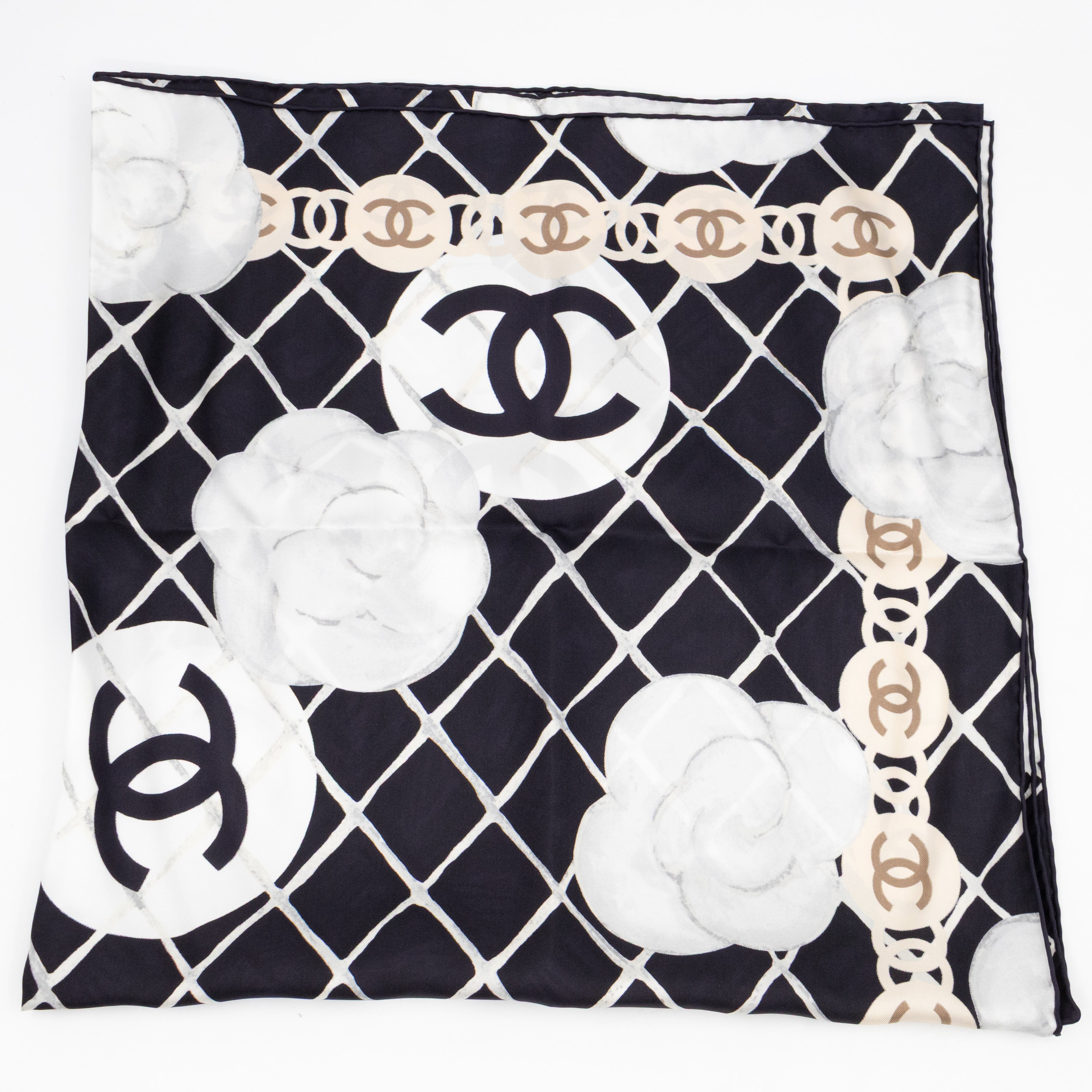 Camellia Silk Square Scarf Black & White 90 cm