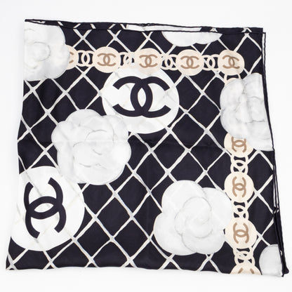 Camellia Silk Square Scarf Black & White 90 cm