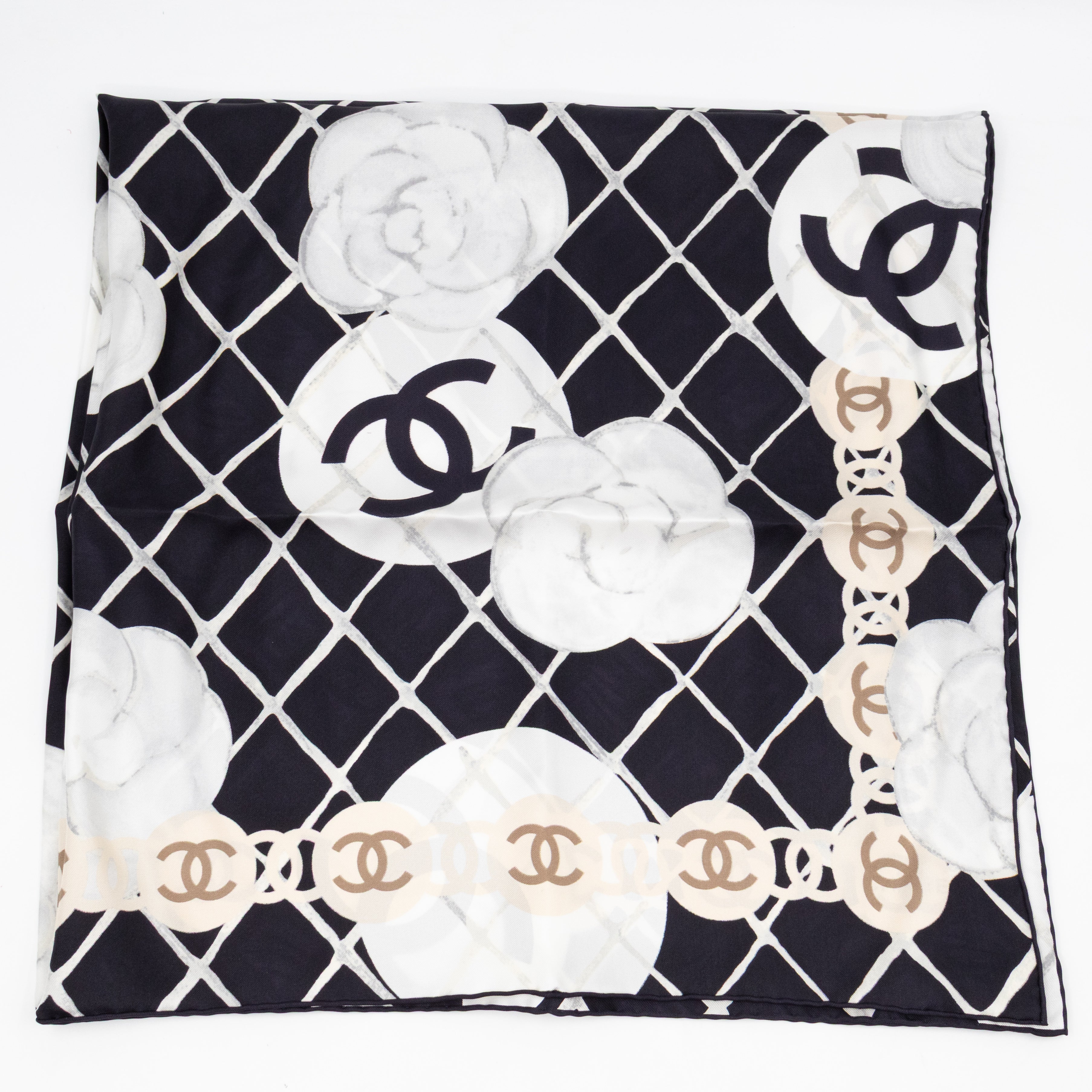 Camellia Silk Square Scarf Black & White 90 cm
