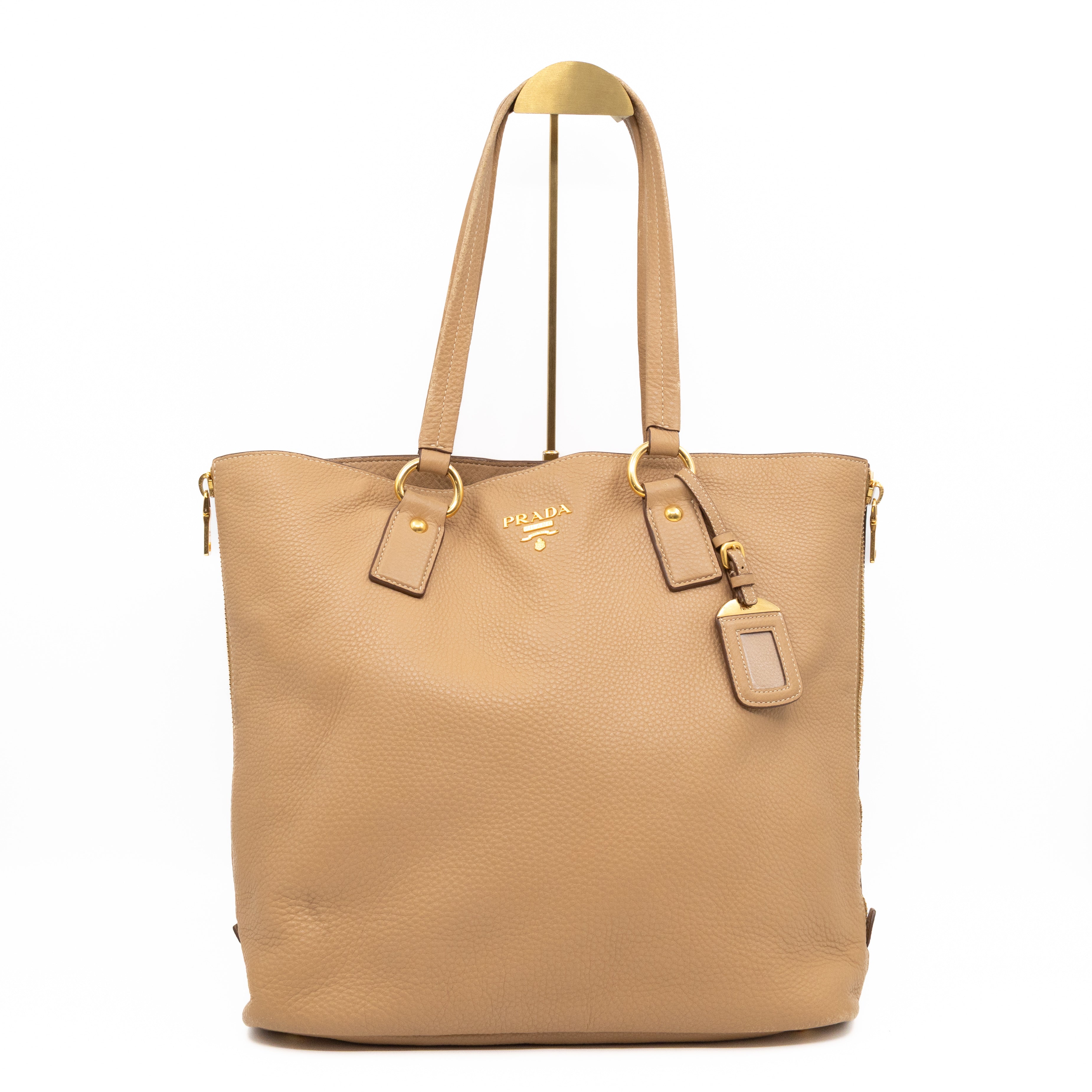 Shopping Bag with Side Zippers Beige Leather