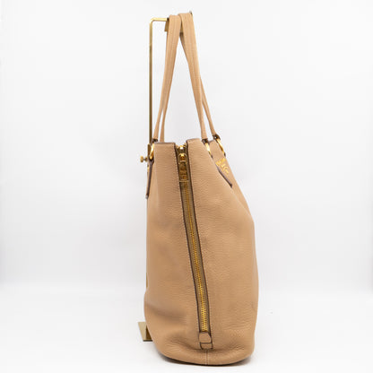 Shopping Bag with Side Zippers Beige Leather