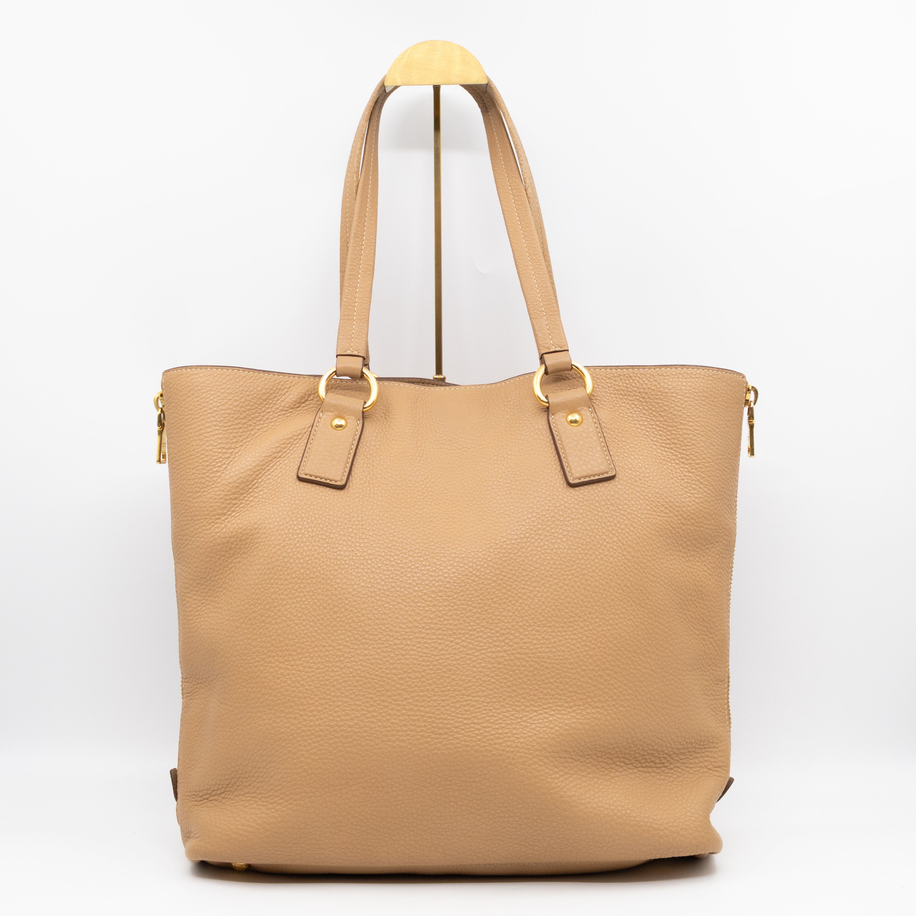 Shopping Bag with Side Zippers Beige Leather