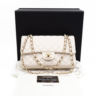 Classic Double Flap Medium White Caviar Leather Gold