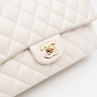 Classic Double Flap Medium White Caviar Leather Gold