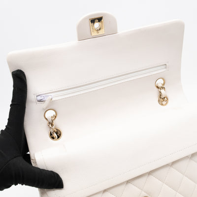 Classic Double Flap Medium White Caviar Leather Gold