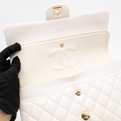 Classic Double Flap Medium White Caviar Leather Gold