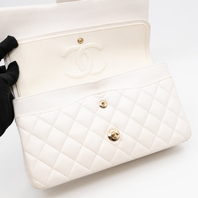 Classic Double Flap Medium White Caviar Leather Gold