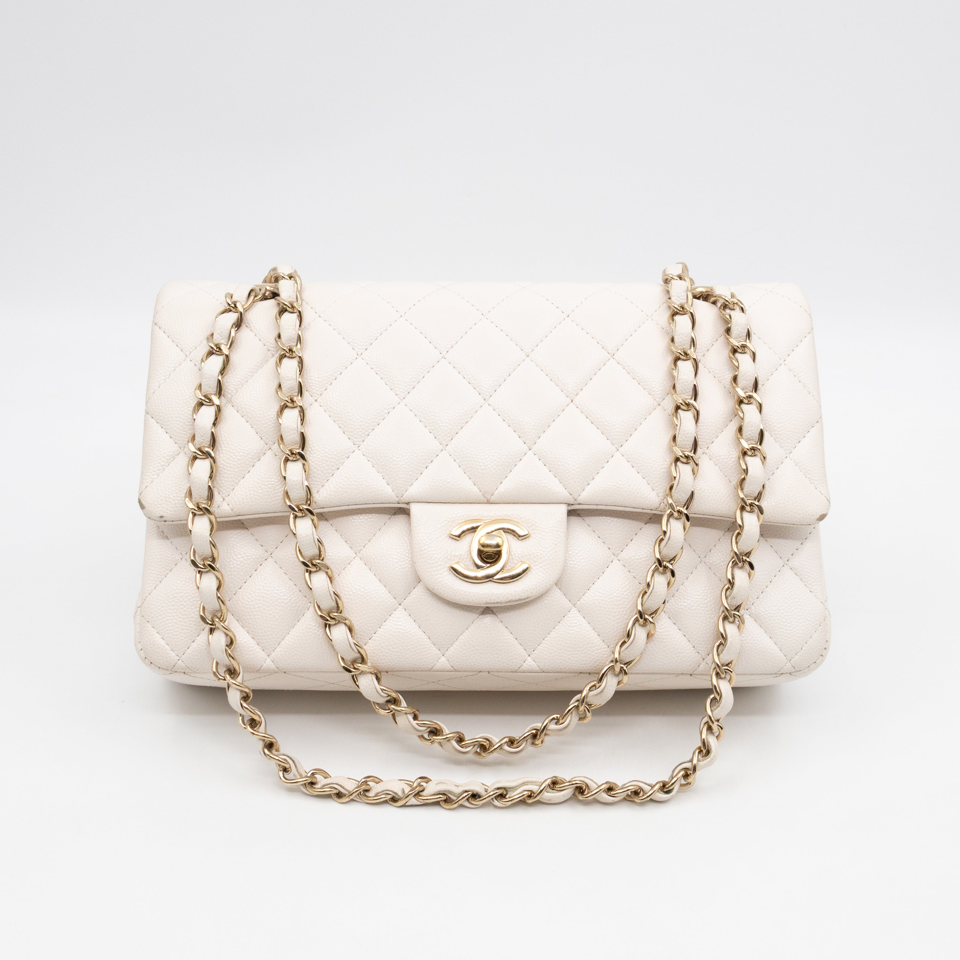 Classic Double Flap Medium White Caviar Leather Gold