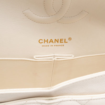 Classic Double Flap Medium White Caviar Leather Gold