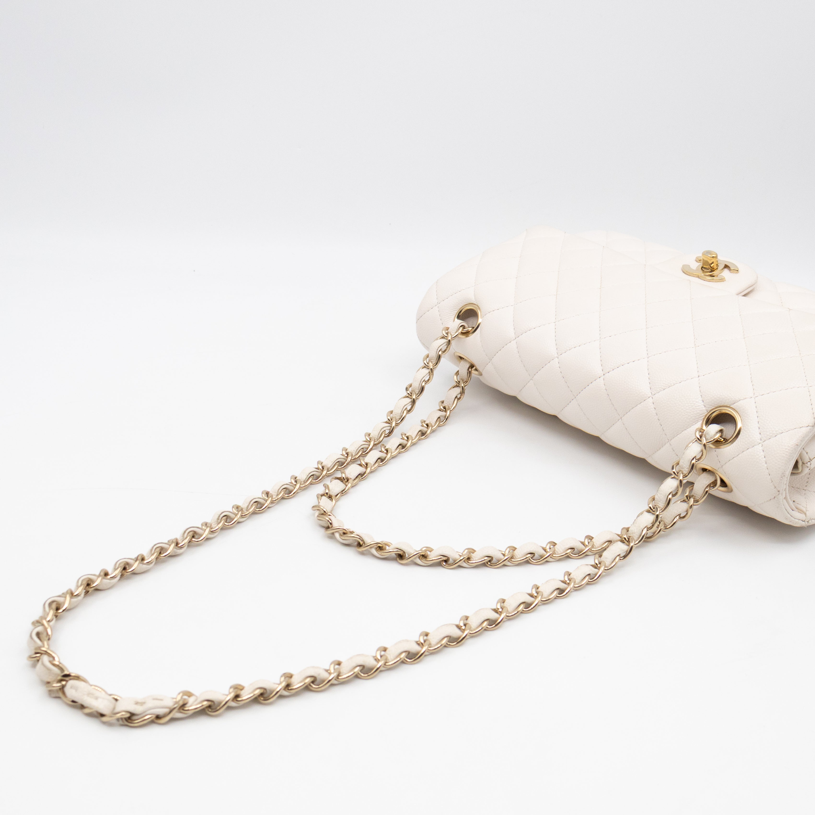 Classic Double Flap Medium White Caviar Leather Gold