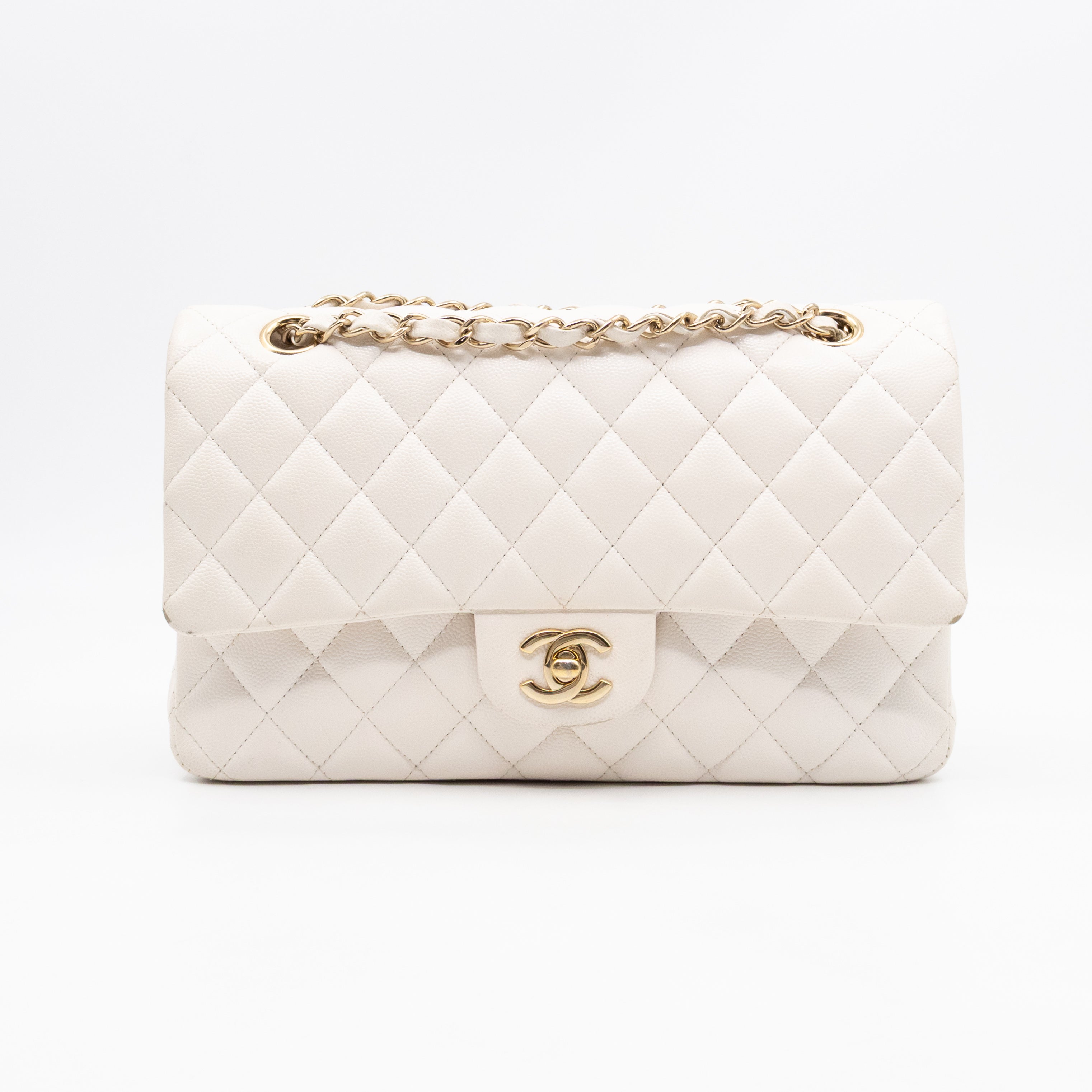 Classic Double Flap Medium White Caviar Leather Gold
