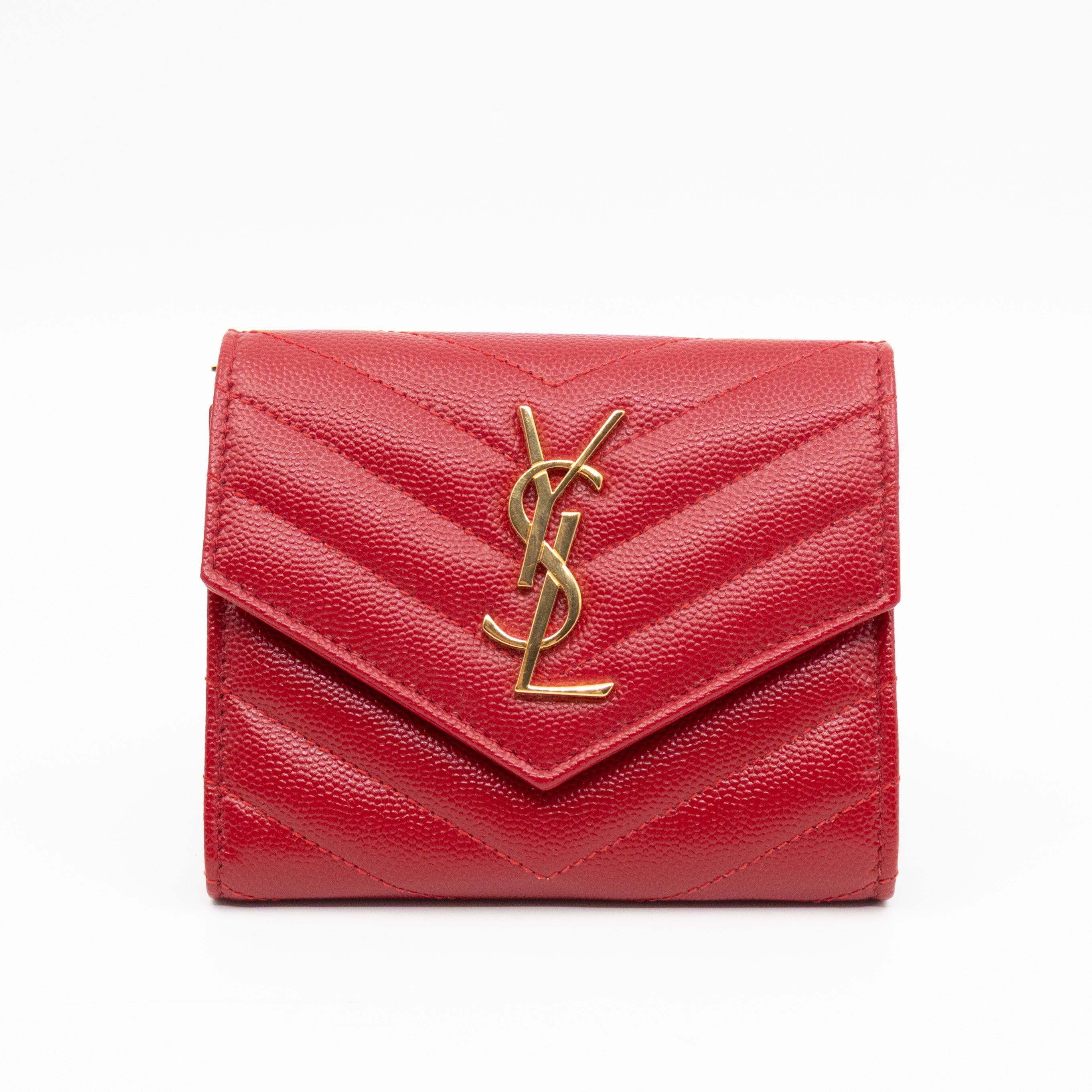 Cassandre Compact Trifold Wallet Red Grained Leather