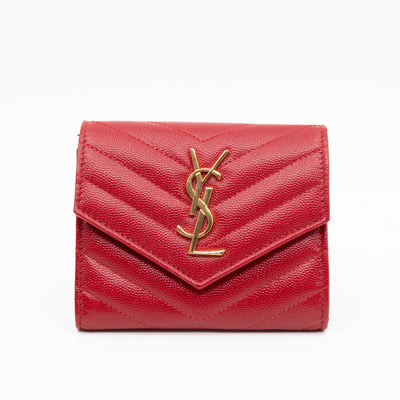 Cassandre Compact Trifold Wallet Red Grained Leather