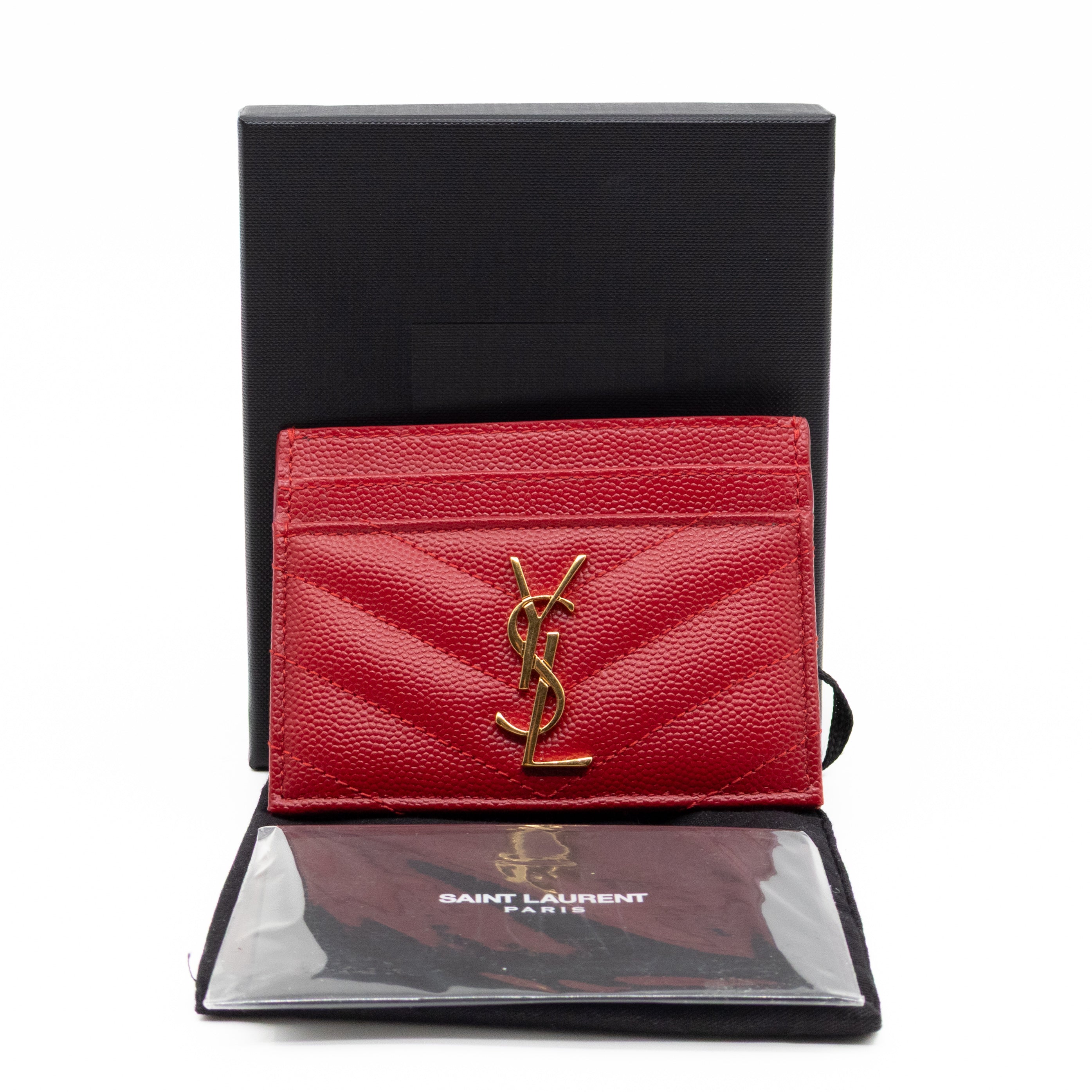 YSL Cassandre Card Holder Red Grained Leather