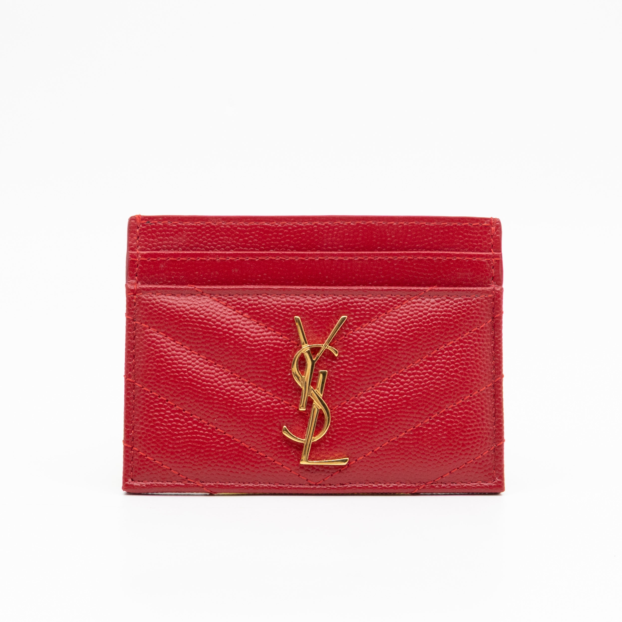YSL Cassandre Card Holder Red Grained Leather