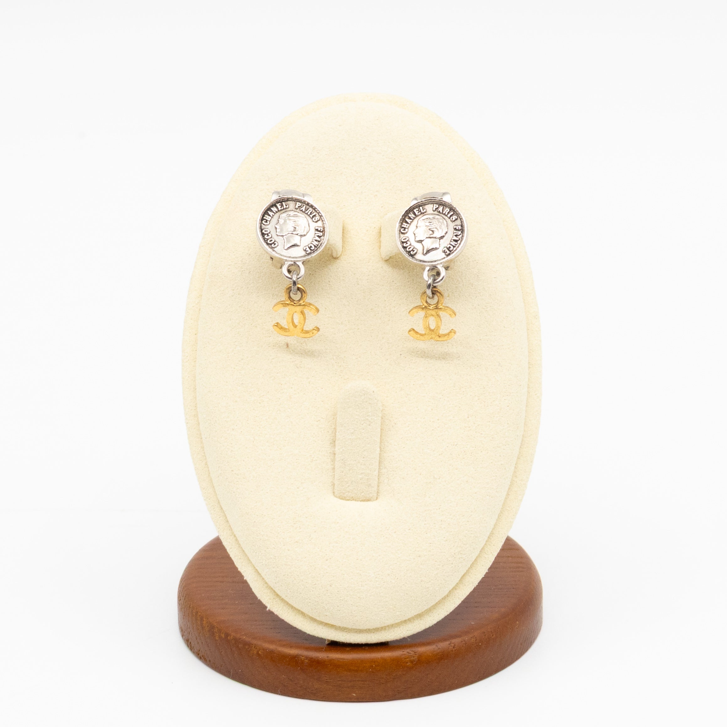 Coco Coin CC Dangle Clip-on Earrings Silver Gold