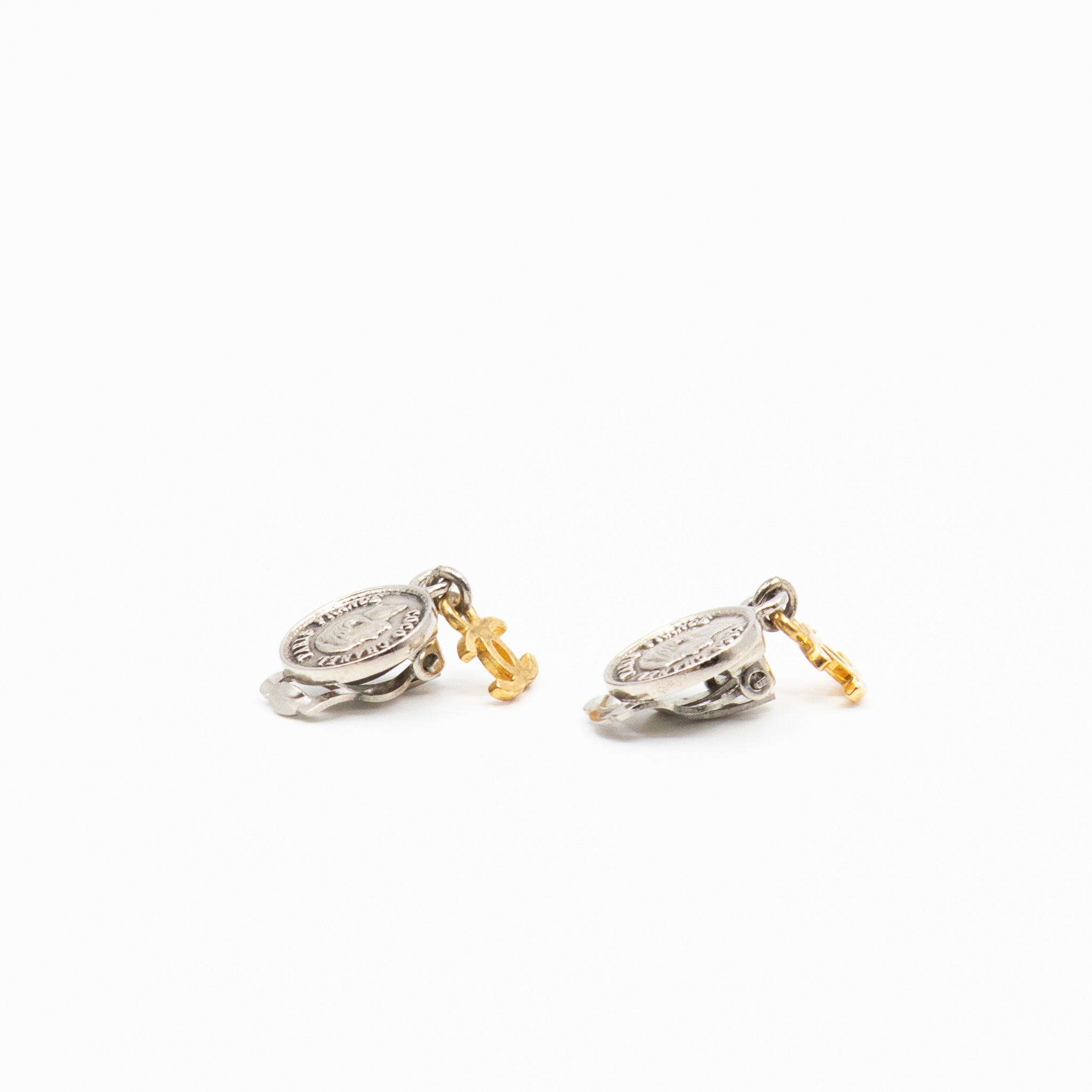 Coco Coin CC Dangle Clip-on Earrings Silver Gold