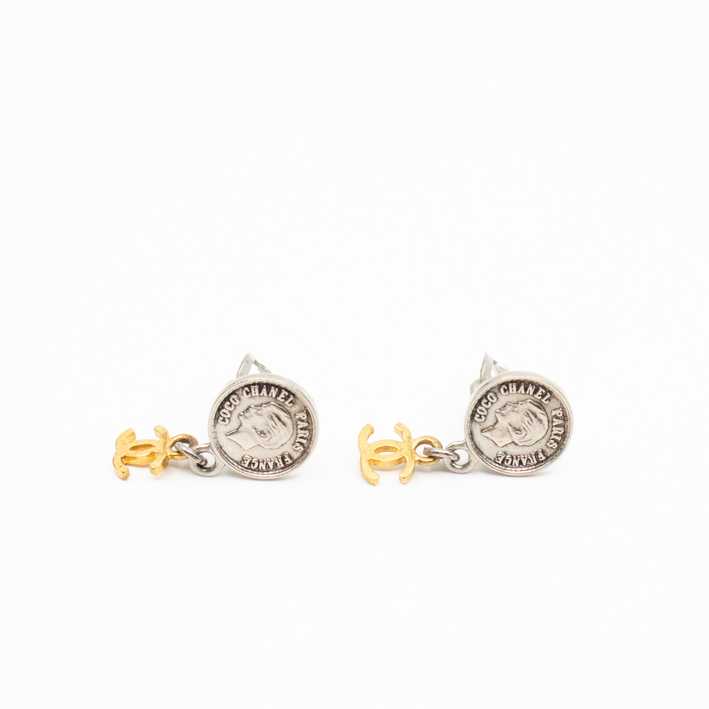 Coco Coin CC Dangle Clip-on Earrings Silver Gold