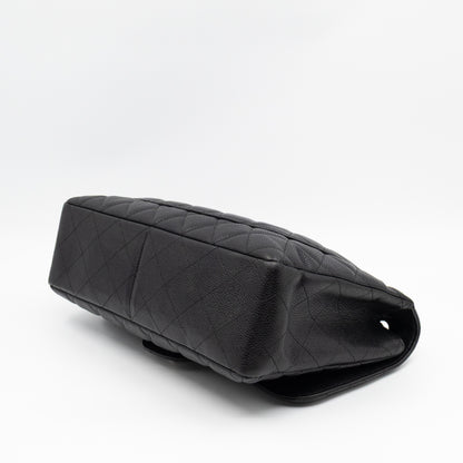 Classic Single Flap Jumbo Black Caviarskin Leather Silver