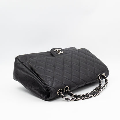 Classic Single Flap Jumbo Black Caviarskin Leather Silver