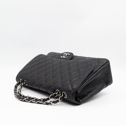 Classic Single Flap Jumbo Black Caviarskin Leather Silver