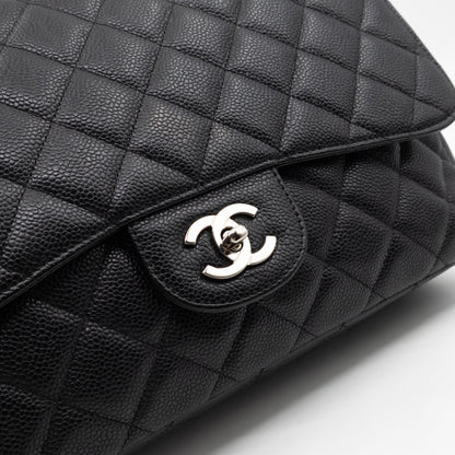 Classic Single Flap Jumbo Black Caviarskin Leather Silver