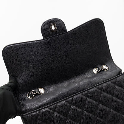 Classic Single Flap Jumbo Black Caviarskin Leather Silver