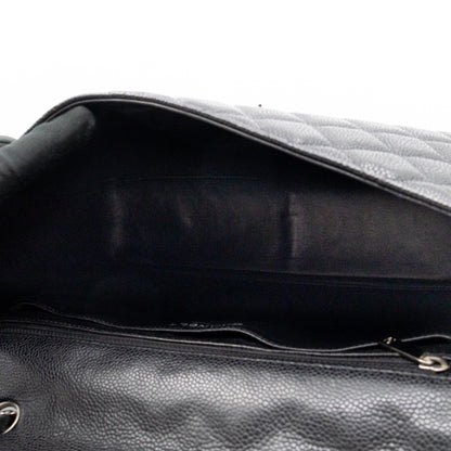 Classic Single Flap Jumbo Black Caviarskin Leather Silver