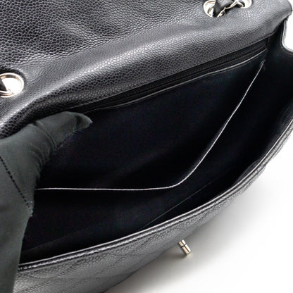 Classic Single Flap Jumbo Black Caviarskin Leather Silver
