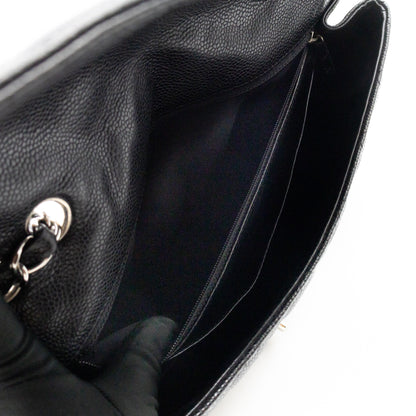 Classic Single Flap Jumbo Black Caviarskin Leather Silver