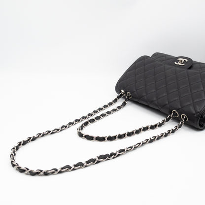 Classic Single Flap Jumbo Black Caviarskin Leather Silver