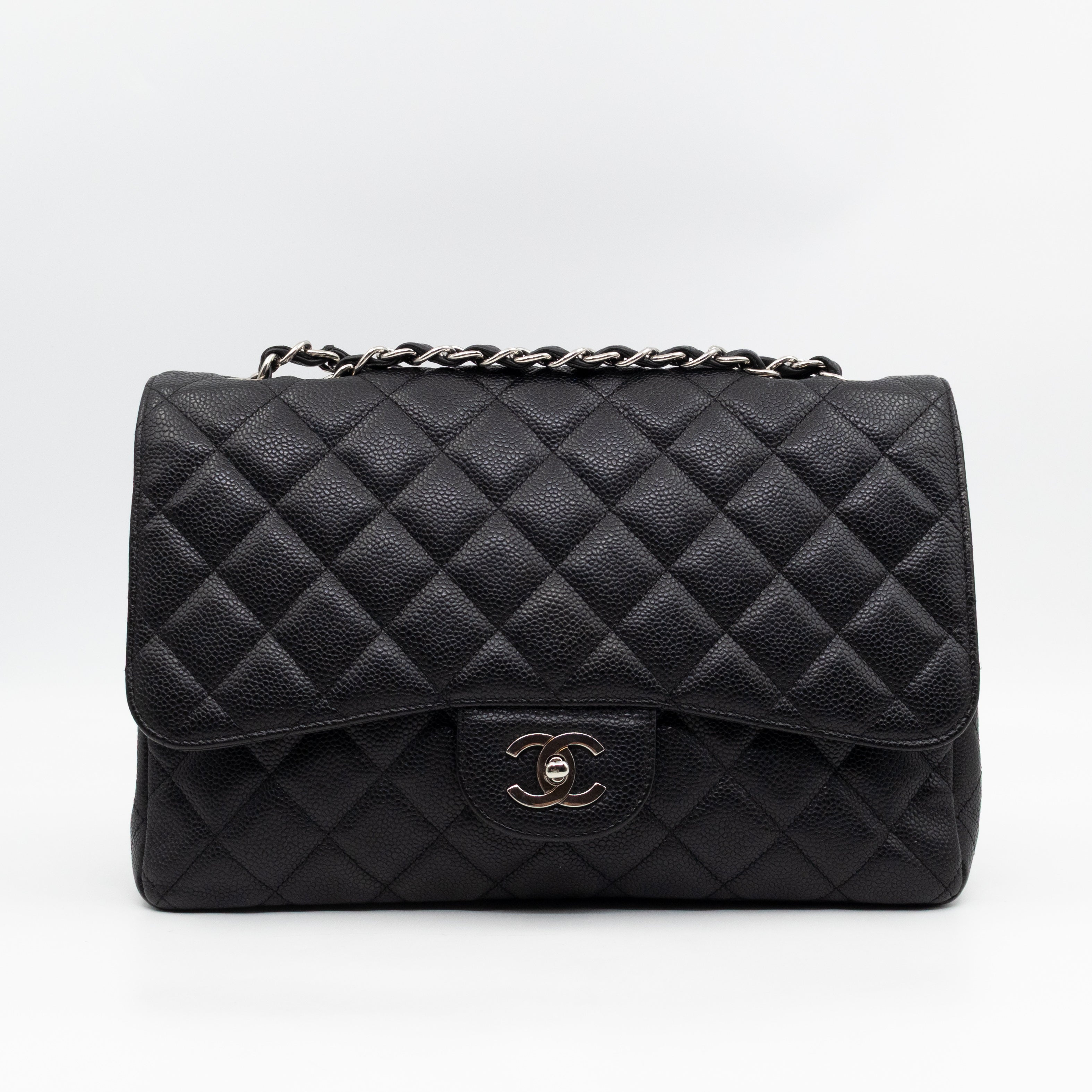 Classic Single Flap Jumbo Black Caviarskin Leather Silver