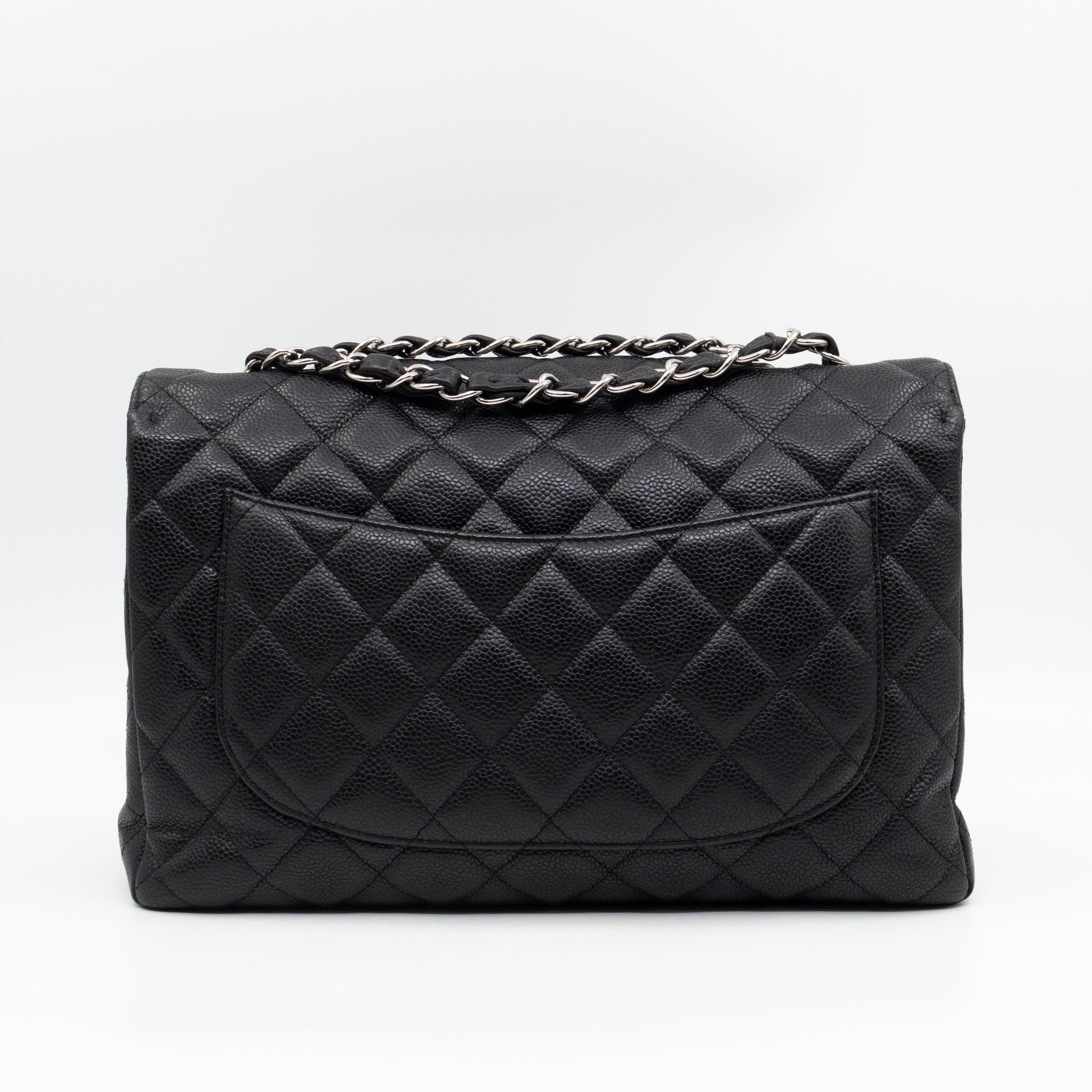 Classic Single Flap Jumbo Black Caviarskin Leather Silver